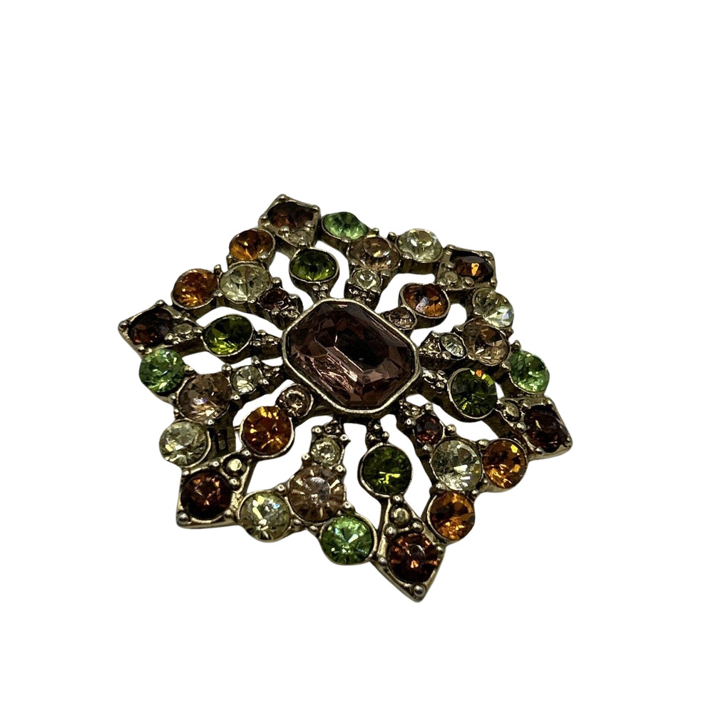 Vintage 80s Claiborne Gold Tone Brooch Pin Multi Colored Rhinestones Signed LC